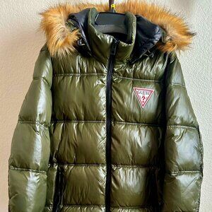 Guess Olive Green Puffer Jacket with Faux Fur Trim, Large